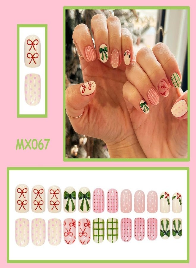 Sevgob Christmas Press on Nails Short Almond Fake Nails with Cute Red Green Bow Design Glossy Round Dot Nail Press ons Holly Fruit Glue on Nail Winter Xmas Holiday Christmas Nails for Women Manicure 24Pcs - Image 2